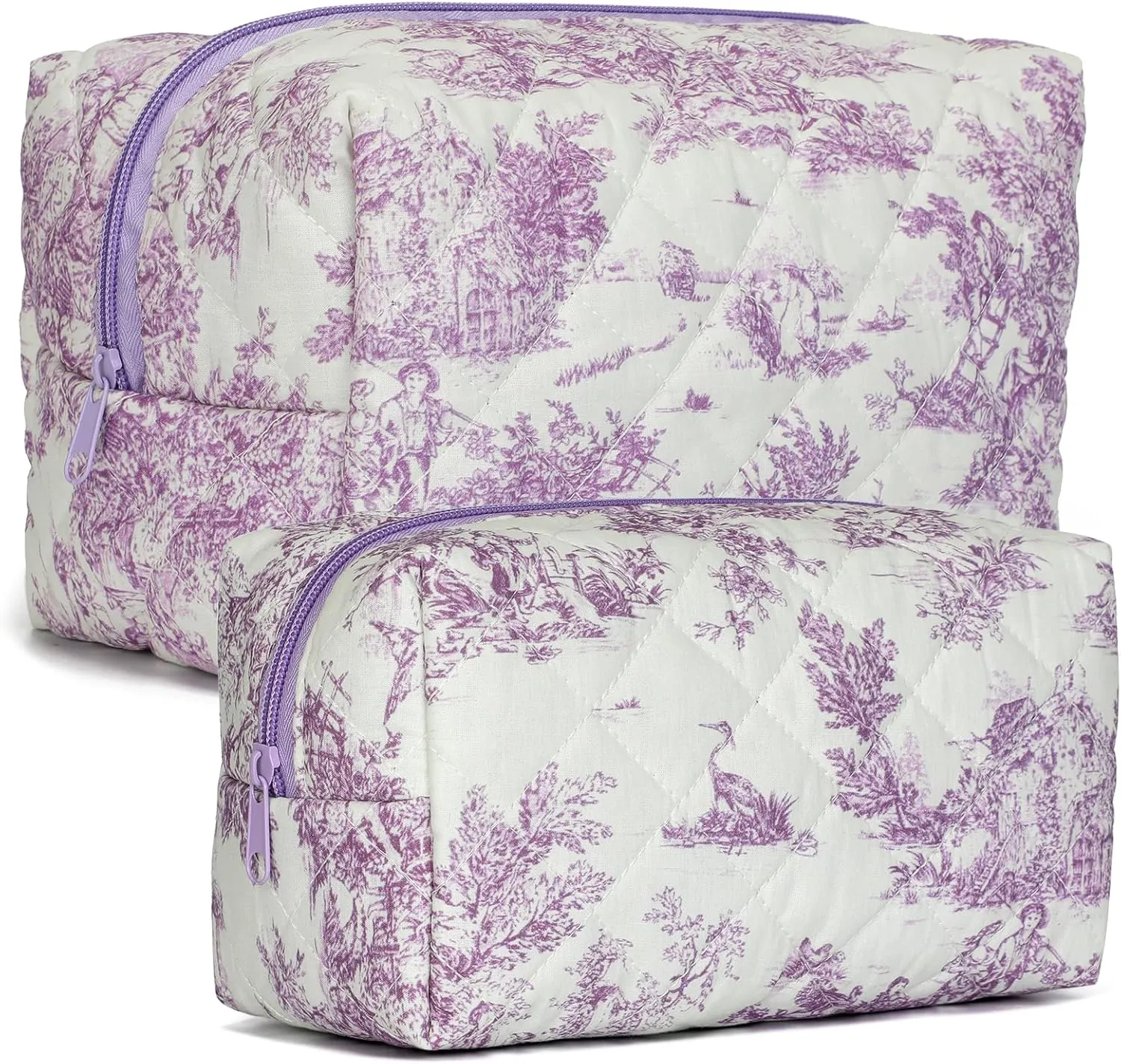 2 PCS Quilted Makeup Bag,Cute Cotton Cosmetic Bag,Large Travel Toiletry Bag Makeup Brushes Storage Organizer for Women-Classical Purple