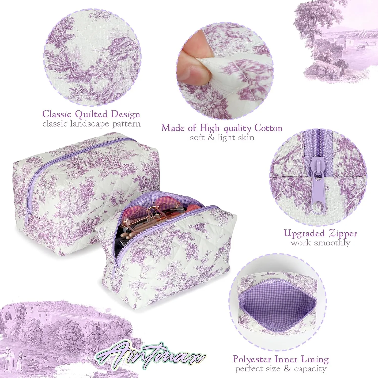2 PCS Quilted Makeup Bag,Cute Cotton Cosmetic Bag,Large Travel Toiletry Bag Makeup Brushes Storage Organizer for Women-Classical Purple