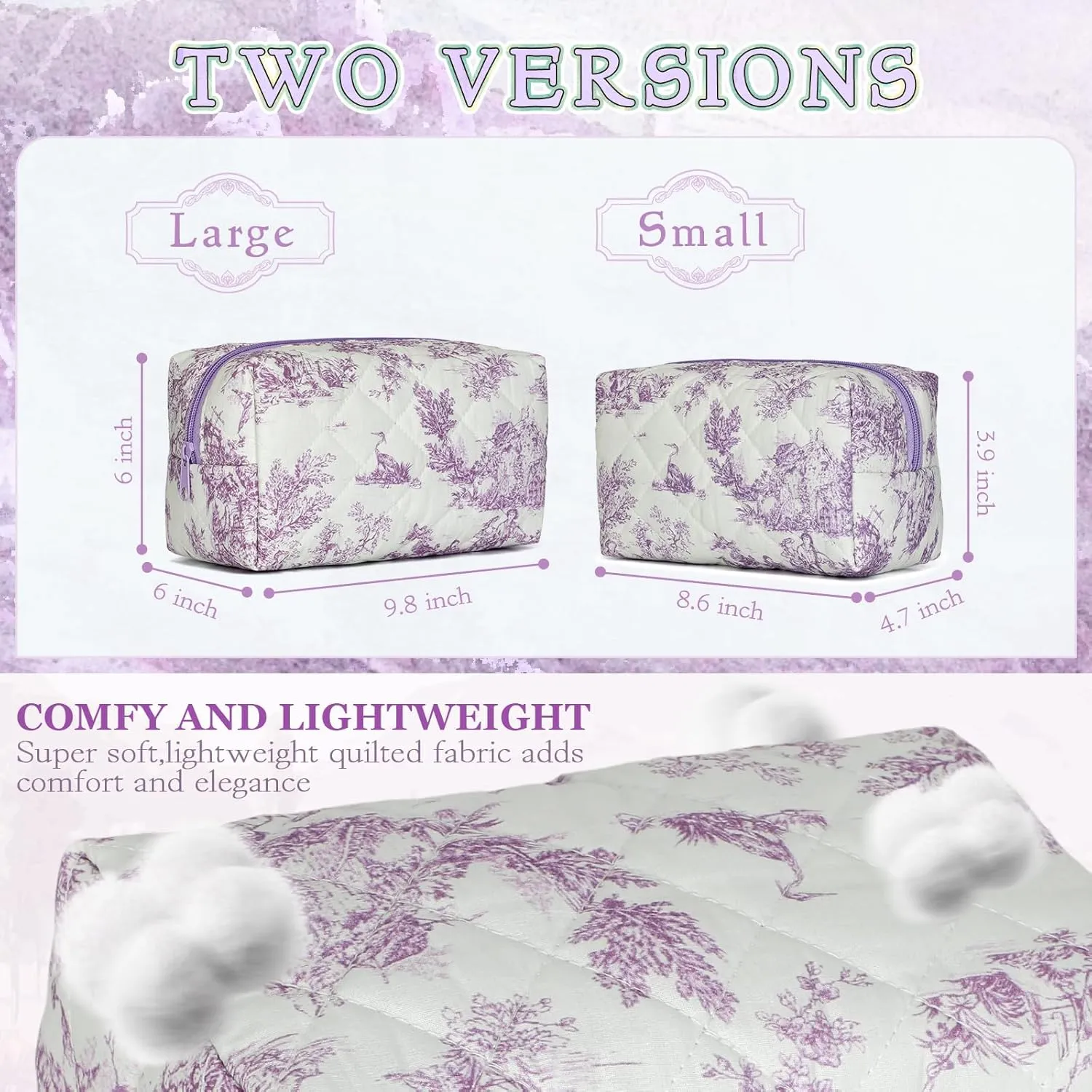 2 PCS Quilted Makeup Bag,Cute Cotton Cosmetic Bag,Large Travel Toiletry Bag Makeup Brushes Storage Organizer for Women-Classical Purple