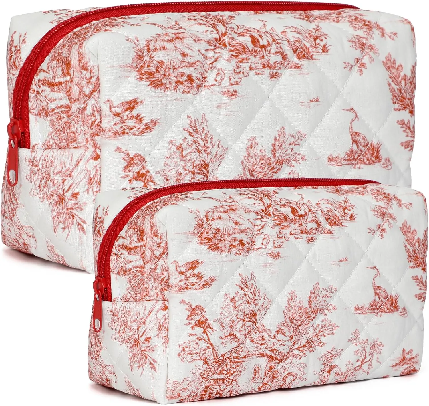 2 PCS Quilted Makeup Bag,Cute Cotton Cosmetic Bag,Large Travel Toiletry Bag Makeup Brushes Storage Organizer for Women-Classical Red