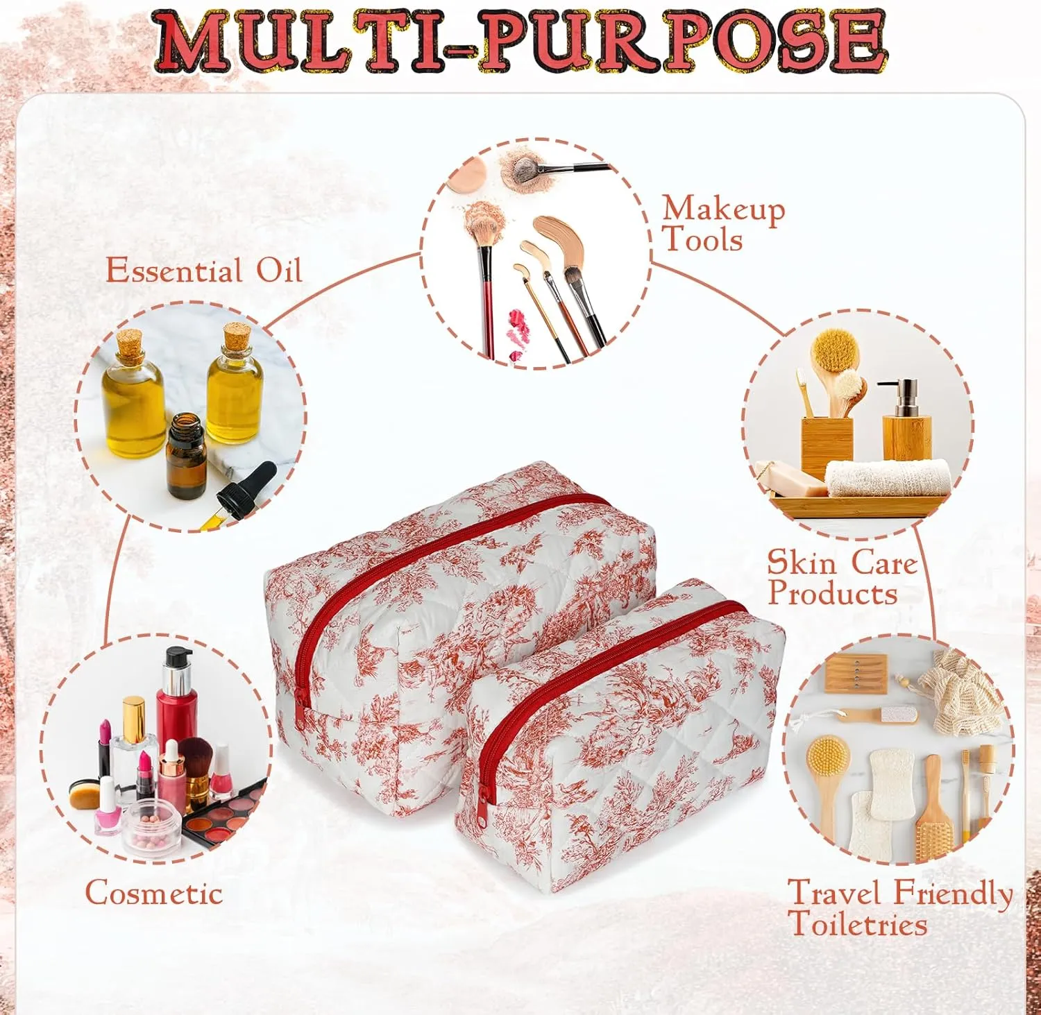 2 PCS Quilted Makeup Bag,Cute Cotton Cosmetic Bag,Large Travel Toiletry Bag Makeup Brushes Storage Organizer for Women-Classical Red
