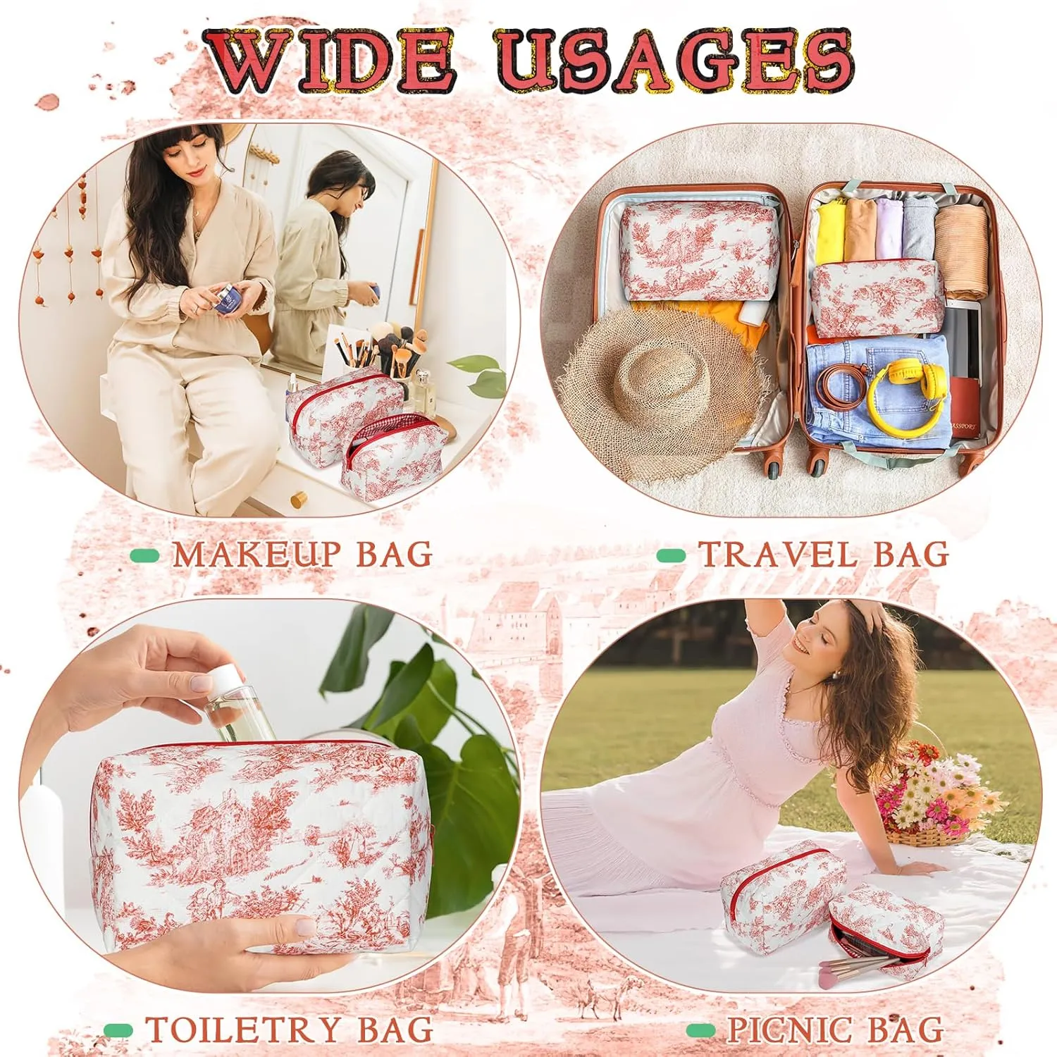 2 PCS Quilted Makeup Bag,Cute Cotton Cosmetic Bag,Large Travel Toiletry Bag Makeup Brushes Storage Organizer for Women-Classical Red