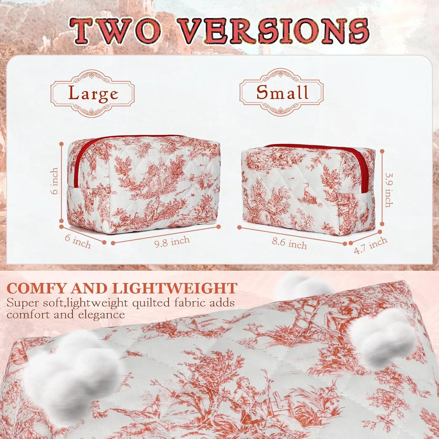 2 PCS Quilted Makeup Bag,Cute Cotton Cosmetic Bag,Large Travel Toiletry Bag Makeup Brushes Storage Organizer for Women-Classical Red