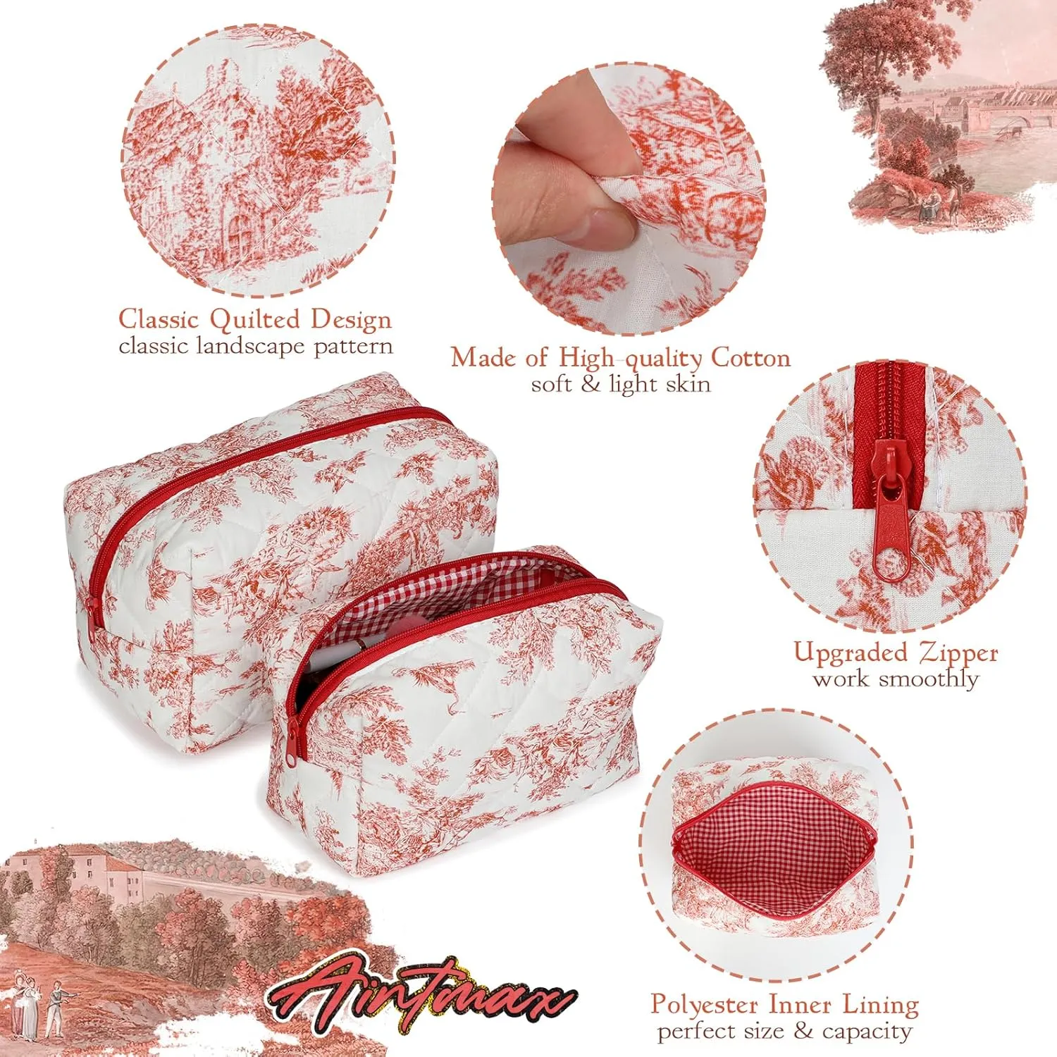 2 PCS Quilted Makeup Bag,Cute Cotton Cosmetic Bag,Large Travel Toiletry Bag Makeup Brushes Storage Organizer for Women-Classical Red