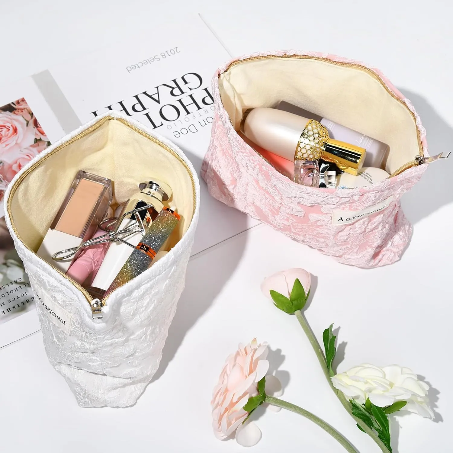 2 Pieces Flower Makeup Bag Large Floral Cosmetic Bag Capacity Canvas Travel Toiletry Bag Organizer Cute Makeup Brushes Aesthetic Accessories Storage Bag for Women, Flower L White Pink