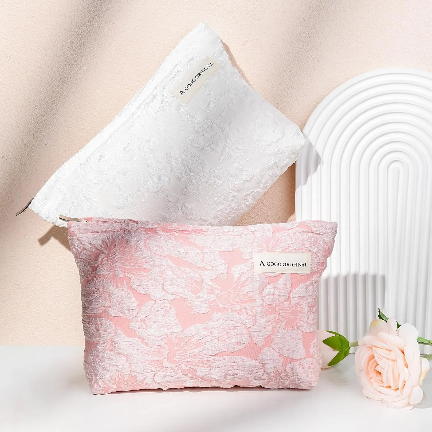 2 Pieces Flower Makeup Bag Large Floral Cosmetic Bag Capacity Canvas Travel Toiletry Bag Organizer Cute Makeup Brushes Aesthetic Accessories Storage Bag for Women, Flower L White Pink