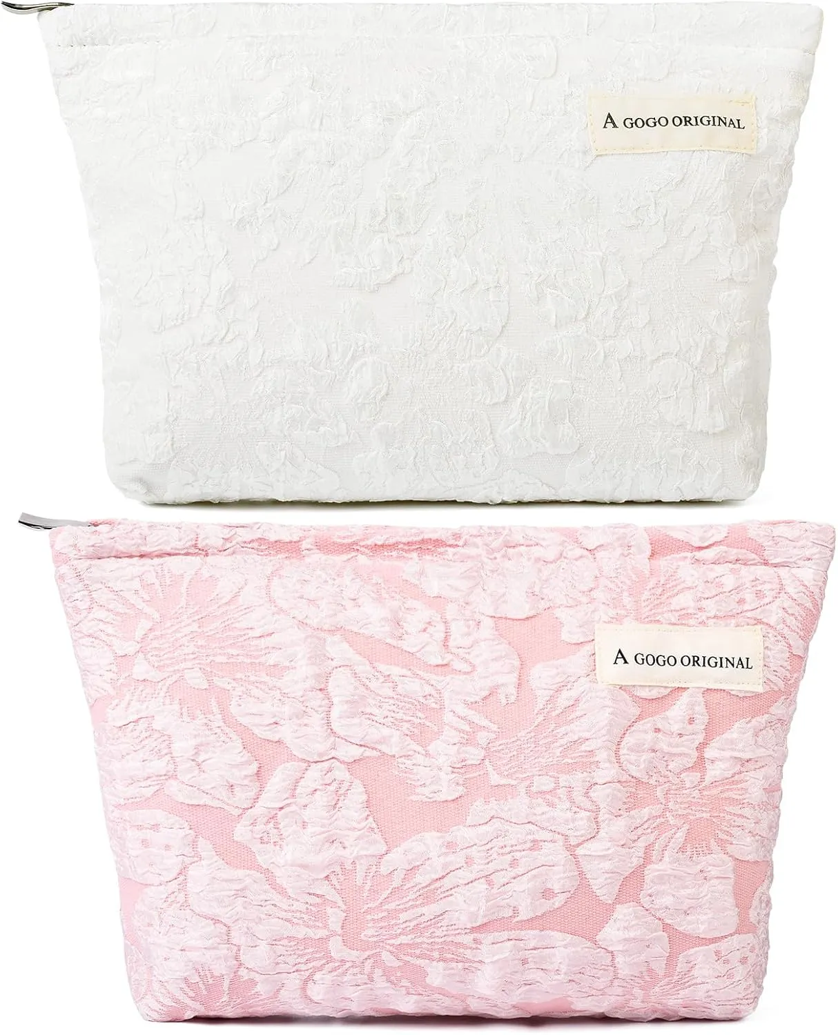2 Pieces Flower Makeup Bag Large Floral Cosmetic Bag Capacity Canvas Travel Toiletry Bag Organizer Cute Makeup Brushes Aesthetic Accessories Storage Bag for Women, Flower L White Pink