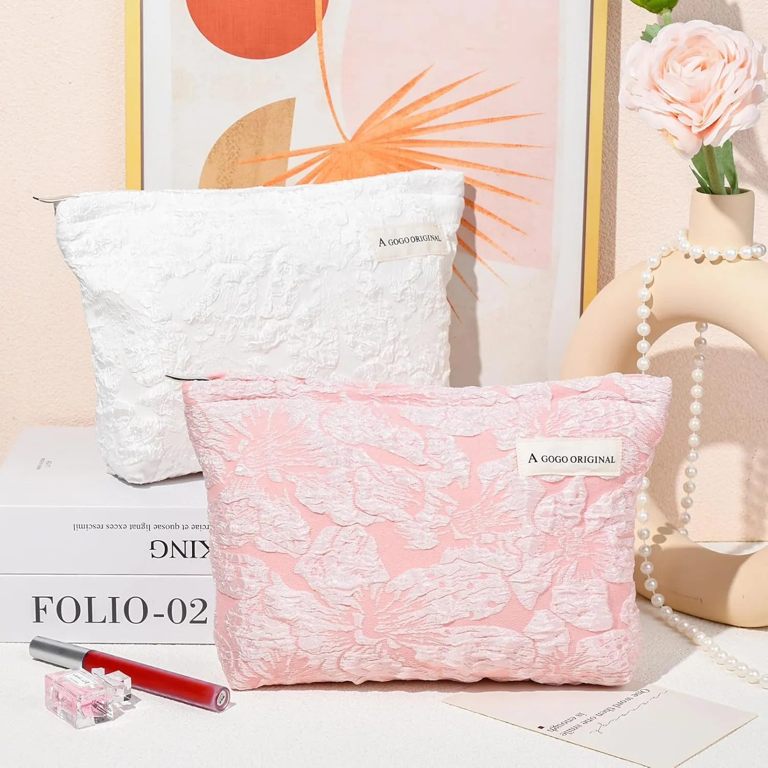 2 Pieces Flower Makeup Bag Large Floral Cosmetic Bag Capacity Canvas Travel Toiletry Bag Organizer Cute Makeup Brushes Aesthetic Accessories Storage Bag for Women, Flower L White Pink