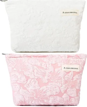 2 Pieces Flower Makeup Bag Large Floral Cosmetic Bag Capacity Canvas Travel Toiletry Bag Organizer Cute Makeup Brushes Aesthetic Accessories Storage Bag for Women, Flower L White Pink