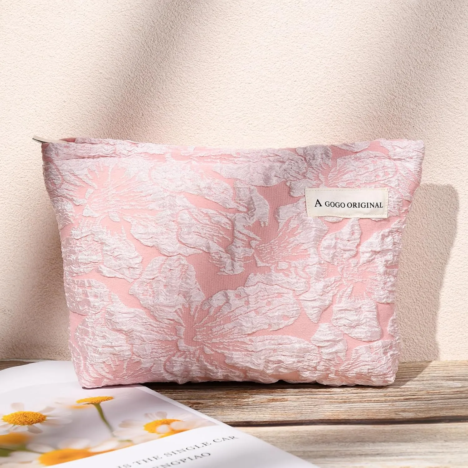 2 Pieces Flower Makeup Bag Large Floral Cosmetic Bag Capacity Canvas Travel Toiletry Bag Organizer Cute Makeup Brushes Aesthetic Accessories Storage Bag for Women, Flower L White Pink