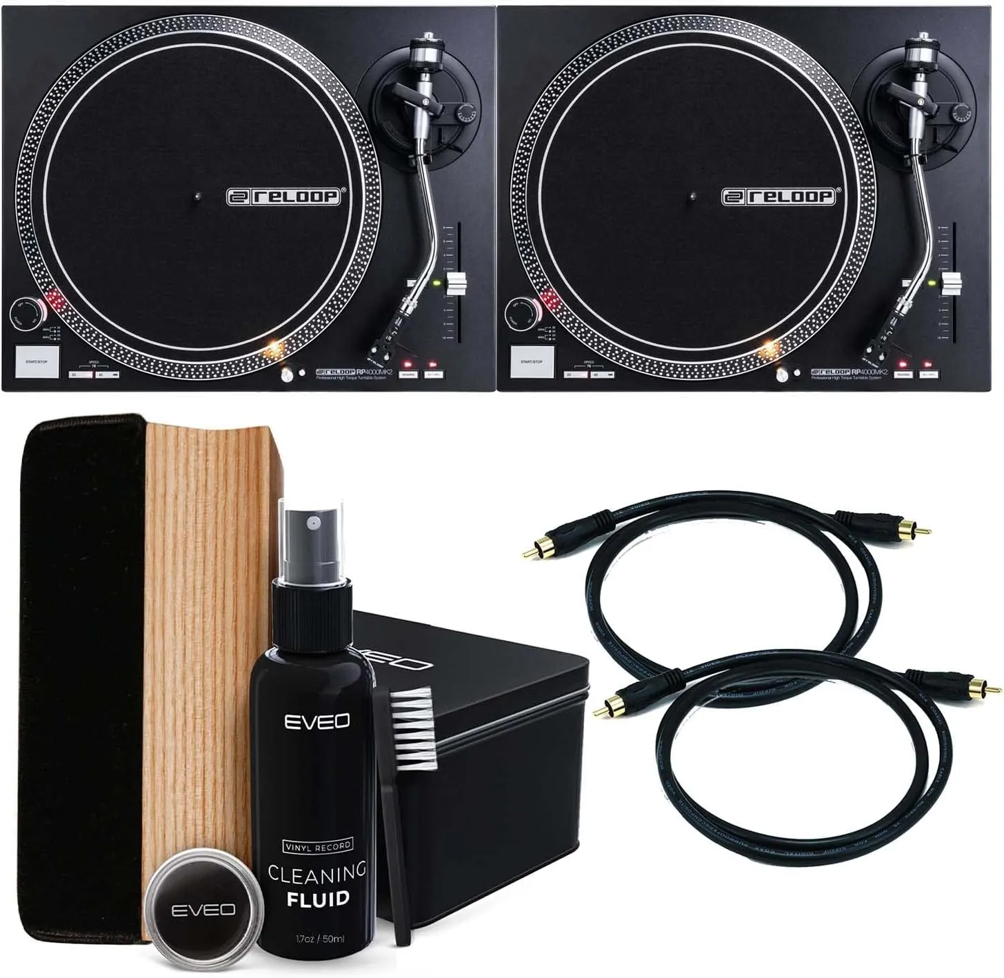 (2) Reloop RP-4000 MK2 Turntables, (2) RCA Cables, Vinyl Record Cleaner Bundle
