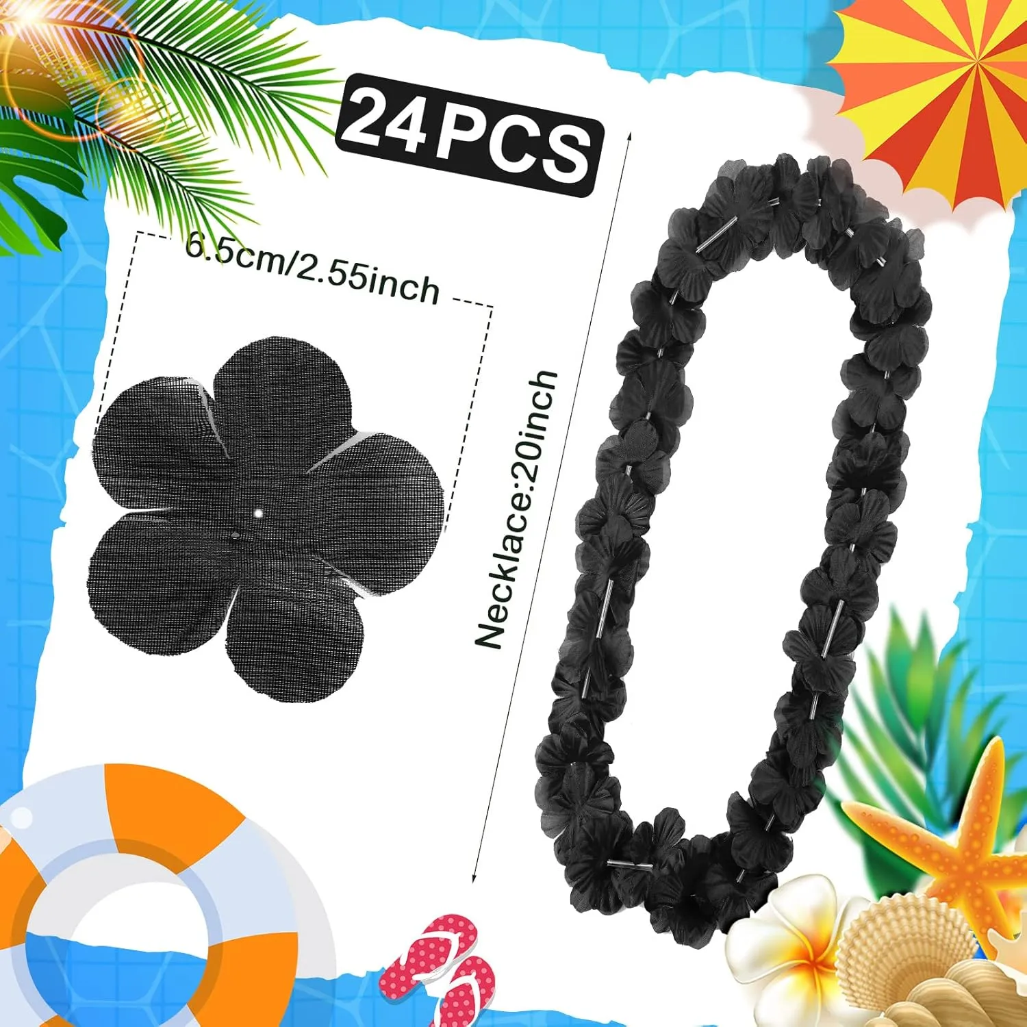 24 Counts Hawaiian Leis Necklace Tropical Flower Lei Floral Luau Party Decorations Hawaiian Flower Luau Necklaces Hula Dance Garland Headbands for Beach Birthday Wedding Party(Black)