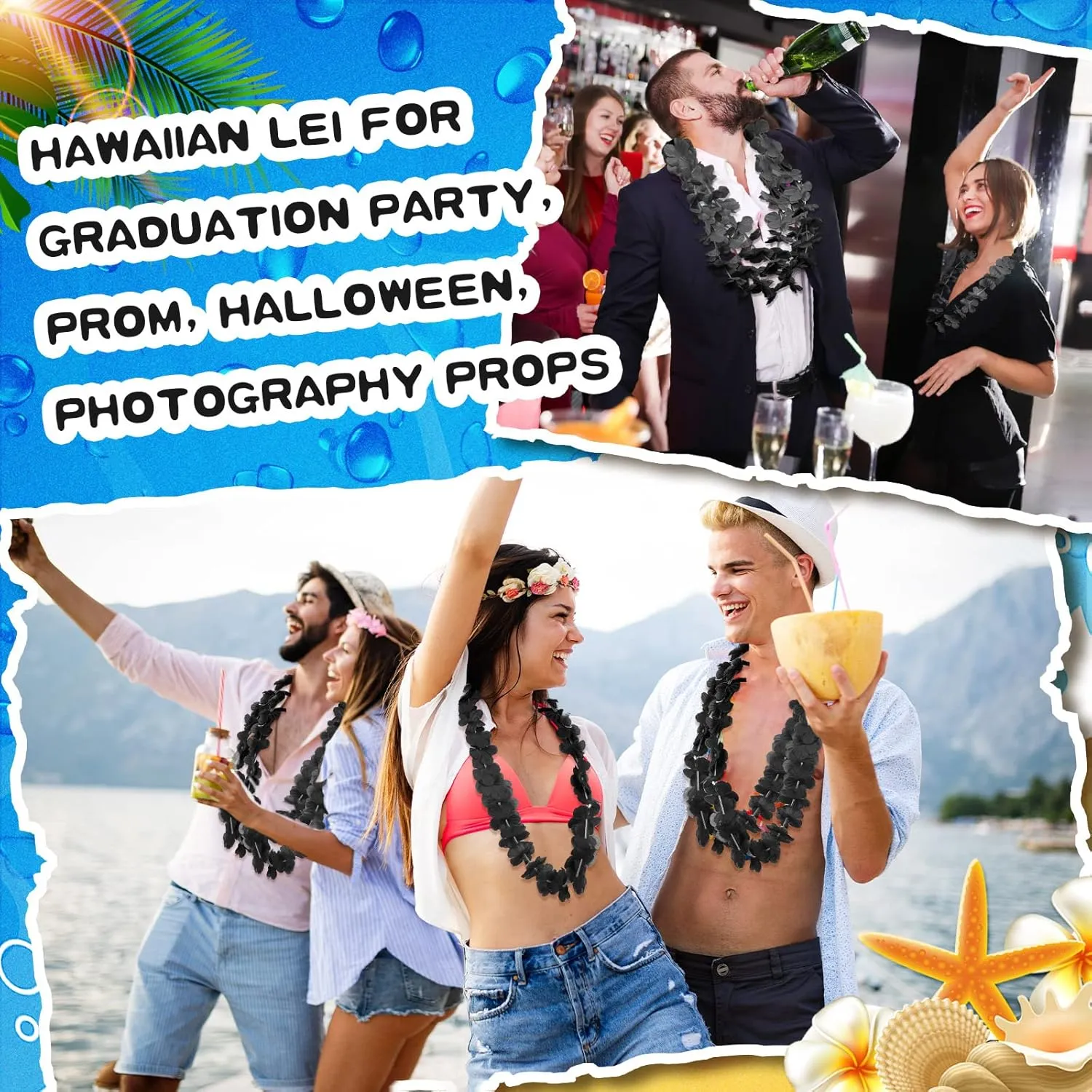 24 Counts Hawaiian Leis Necklace Tropical Flower Lei Floral Luau Party Decorations Hawaiian Flower Luau Necklaces Hula Dance Garland Headbands for Beach Birthday Wedding Party(Black)