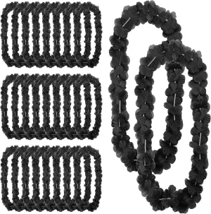 24 Counts Hawaiian Leis Necklace Tropical Flower Lei Floral Luau Party Decorations Hawaiian Flower Luau Necklaces Hula Dance Garland Headbands for Beach Birthday Wedding Party(Black)