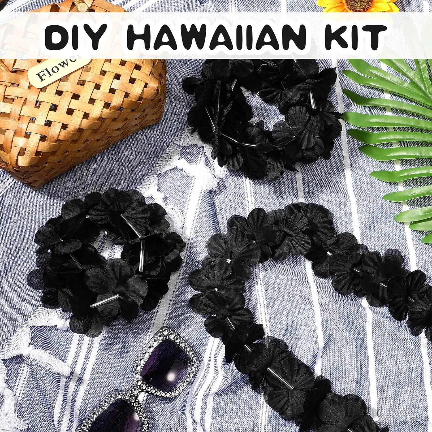 24 Counts Hawaiian Leis Necklace Tropical Flower Lei Floral Luau Party Decorations Hawaiian Flower Luau Necklaces Hula Dance Garland Headbands for Beach Birthday Wedding Party(Black)
