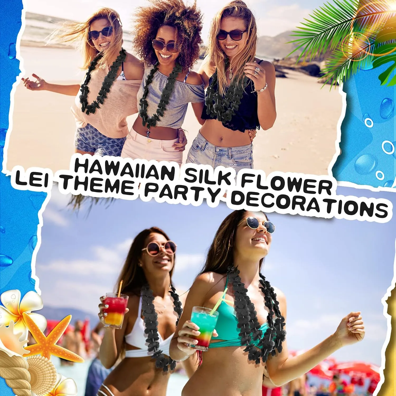 24 Counts Hawaiian Leis Necklace Tropical Flower Lei Floral Luau Party Decorations Hawaiian Flower Luau Necklaces Hula Dance Garland Headbands for Beach Birthday Wedding Party(Black)