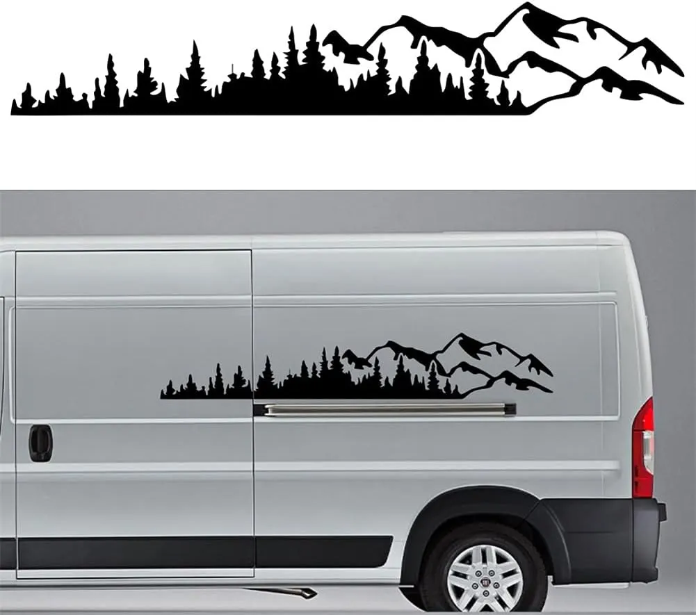 2PCS Mountain Tree Forest Vinyl Decals Car Body Door Side Vinyl Decoration for SUV Off-Road Car Body Sticker (Black, 74.67 * 12.61in)