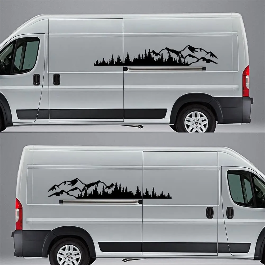 2PCS Mountain Tree Forest Vinyl Decals Car Body Door Side Vinyl Decoration for SUV Off-Road Car Body Sticker (Black, 74.67 * 12.61in)