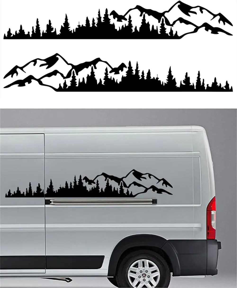 2PCS Mountain Tree Forest Vinyl Decals Car Body Door Side Vinyl Decoration for SUV Off-Road Car Body Sticker (Black, 74.67 * 12.61in)