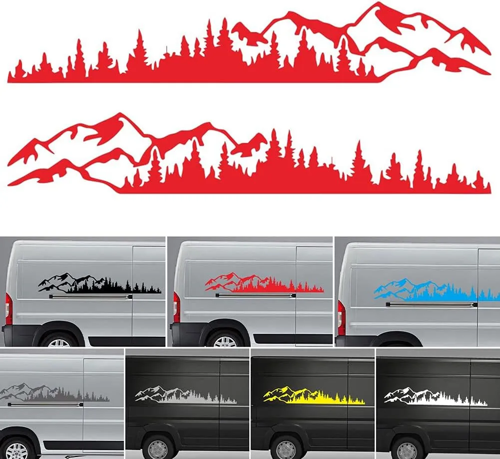 2PCS Mountain Tree Forest Vinyl Decals Car Body Door Side Vinyl Decoration for SUV Off-Road Car Body Sticker (Black, 74.67 * 12.61in)