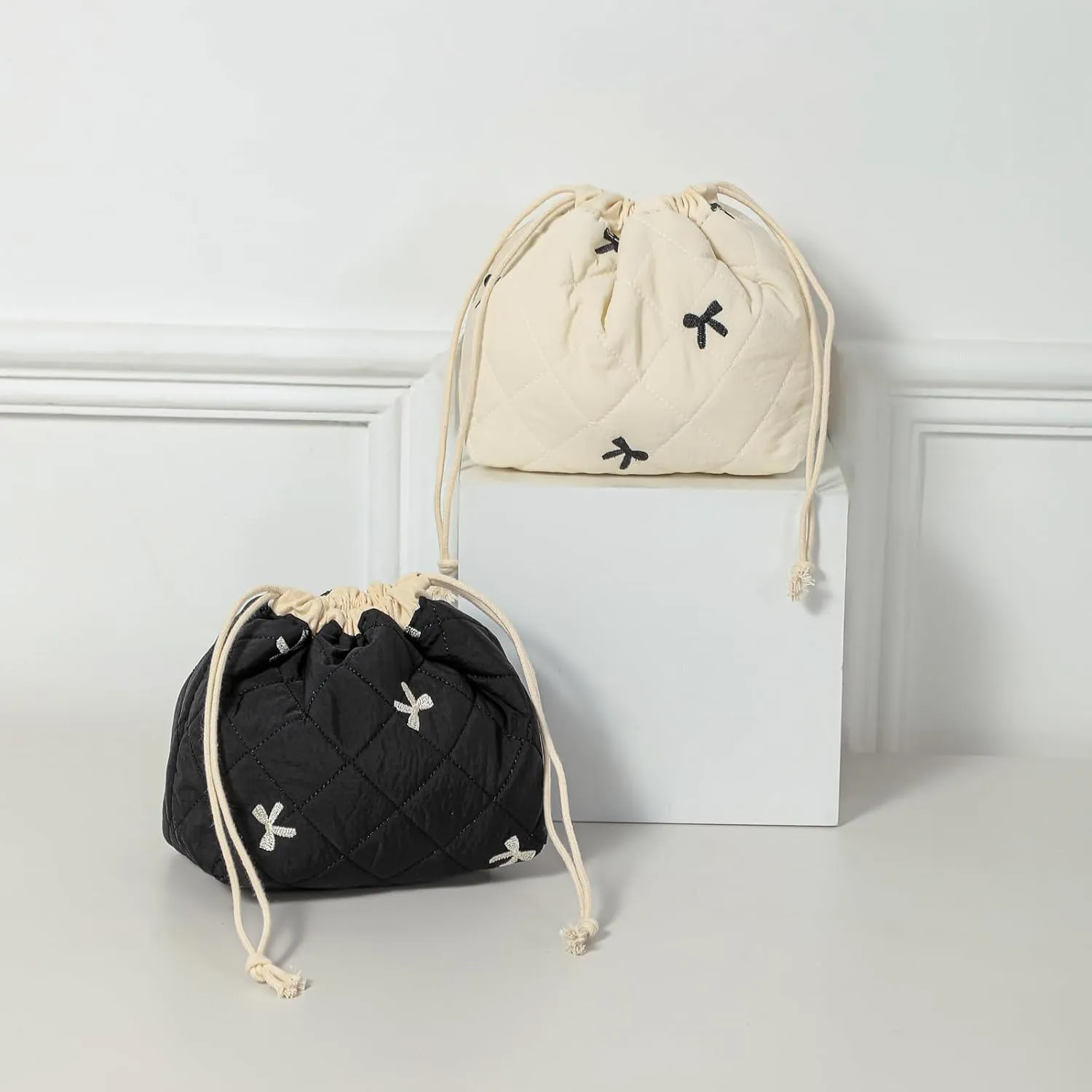 2Pcs Small Cotton Quilted Makeup Bag Set, Cute Coquette Drawstring Cosmetic Bag with Canvas Lining, Aesthetic Travel Organized Toiletry Bags for Purse (02Black Bows)