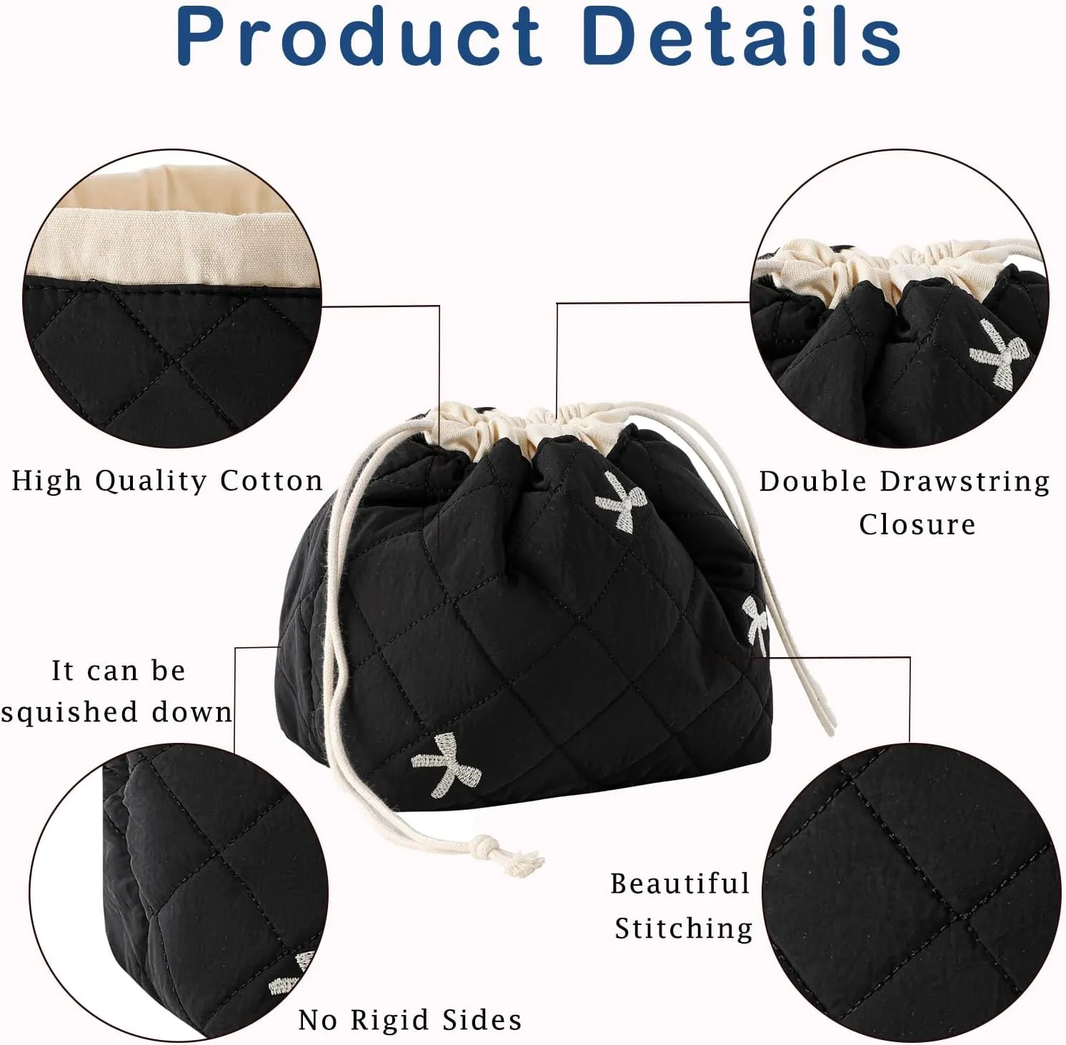 2Pcs Small Cotton Quilted Makeup Bag Set, Cute Coquette Drawstring Cosmetic Bag with Canvas Lining, Aesthetic Travel Organized Toiletry Bags for Purse (02Black Bows)