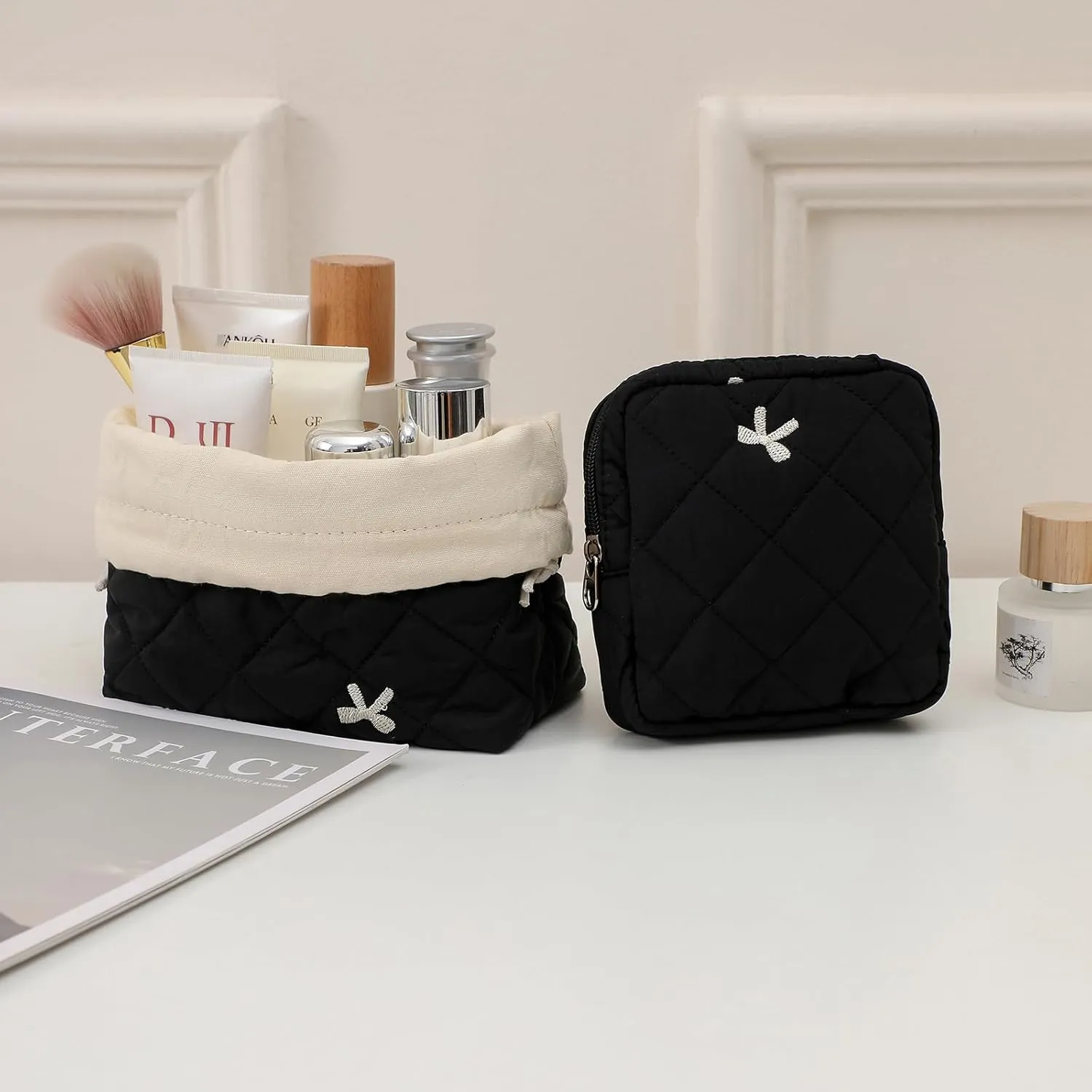 2Pcs Small Cotton Quilted Makeup Bag Set, Cute Coquette Drawstring Cosmetic Bag with Canvas Lining, Aesthetic Travel Organized Toiletry Bags for Purse (02Black Bows)