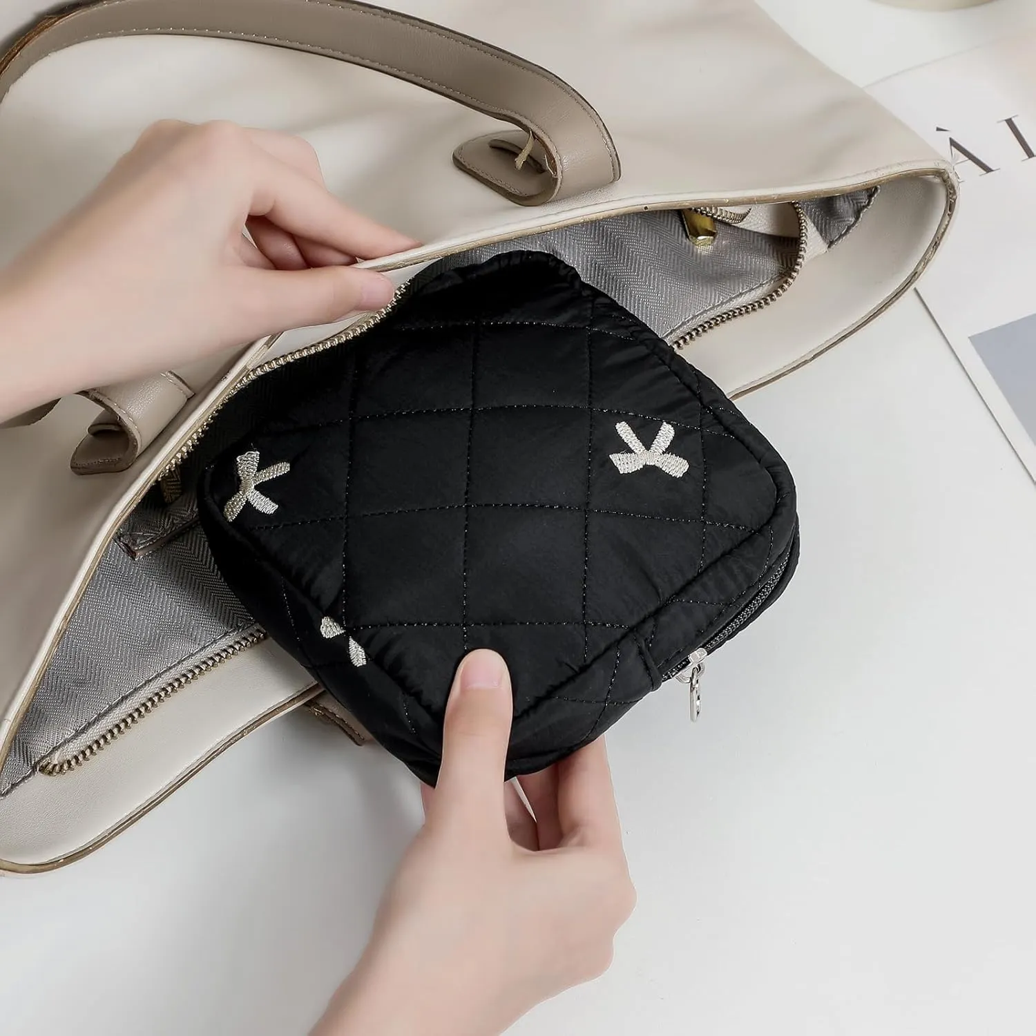 2Pcs Small Cotton Quilted Makeup Bag Set, Cute Coquette Drawstring Cosmetic Bag with Canvas Lining, Aesthetic Travel Organized Toiletry Bags for Purse (02Black Bows)
