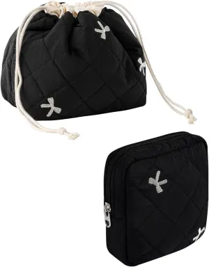 2Pcs Small Cotton Quilted Makeup Bag Set, Cute Coquette Drawstring Cosmetic Bag with Canvas Lining, Aesthetic Travel Organized Toiletry Bags for Purse (02Black Bows)