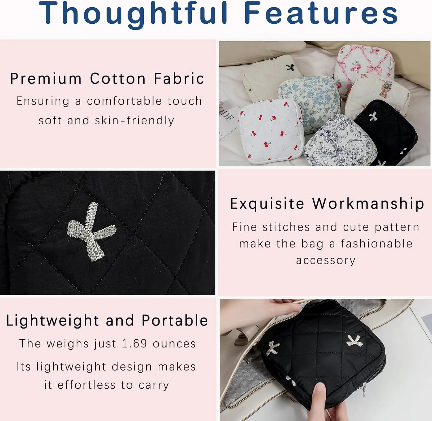 2Pcs Small Cotton Quilted Makeup Bag Set, Cute Coquette Drawstring Cosmetic Bag with Canvas Lining, Aesthetic Travel Organized Toiletry Bags for Purse (02Black Bows)