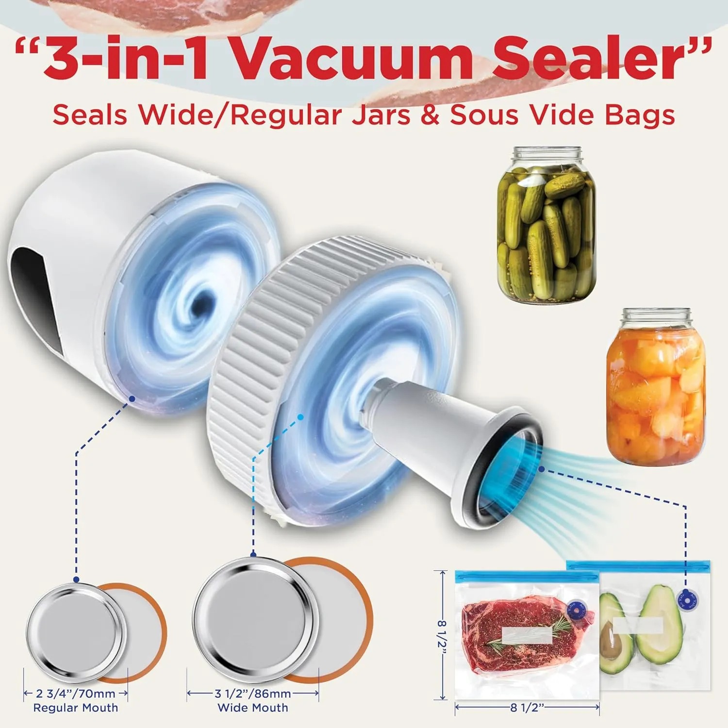 3-in-1 Electric Mason Jar Vacuum Sealer Kit for Wide & Regular Mouth Canning Jars & Sous Vide Bags, Rechargeable Auto Stop Jar Sealer Vacuum for Storing Herbs, Fruits & Veggies (White)