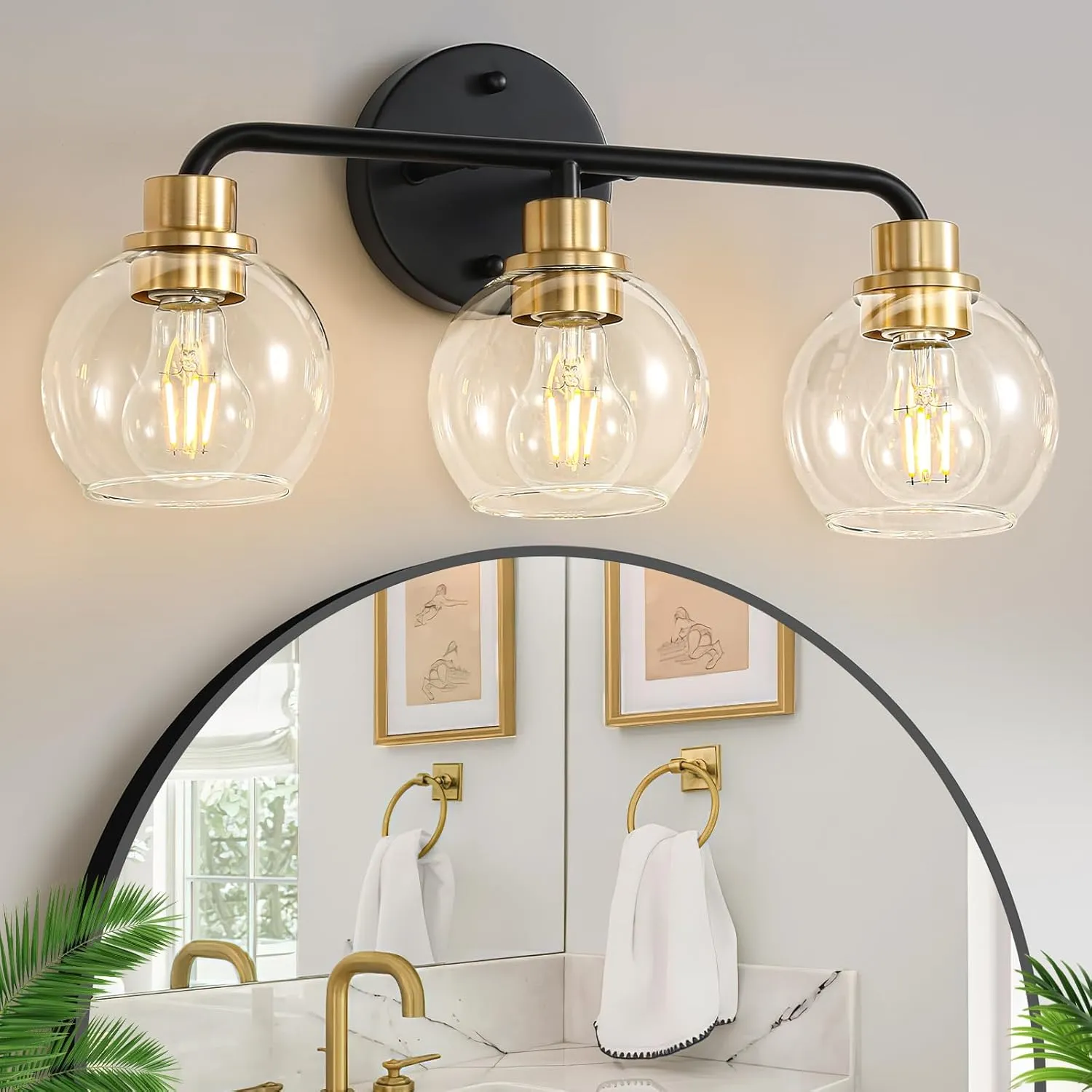 3 Light Bathroom Vanity Light, Black and Gold Bathroom Light Fixtures with Clear Glass Shade Modern Wall Sconces Lighting Bath Wall Lights Lamp for Mirror Kitchen Living Room Bedroom Hallway Cabinet