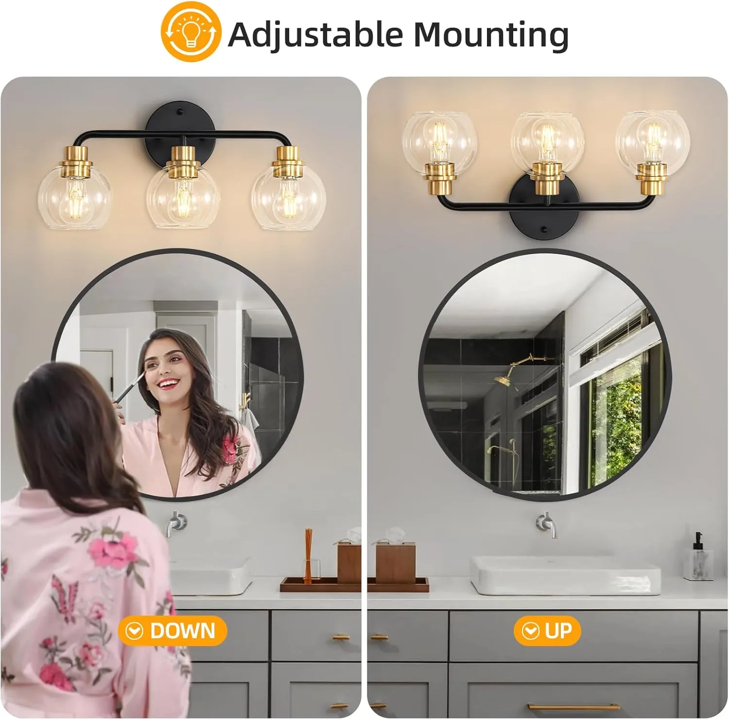 3 Light Bathroom Vanity Light, Black and Gold Bathroom Light Fixtures with Clear Glass Shade Modern Wall Sconces Lighting Bath Wall Lights Lamp for Mirror Kitchen Living Room Bedroom Hallway Cabinet