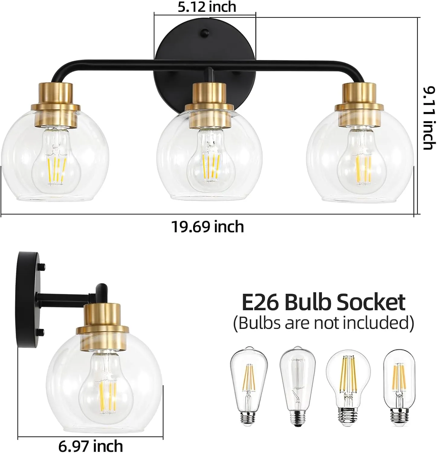 3 Light Bathroom Vanity Light, Black and Gold Bathroom Light Fixtures with Clear Glass Shade Modern Wall Sconces Lighting Bath Wall Lights Lamp for Mirror Kitchen Living Room Bedroom Hallway Cabinet