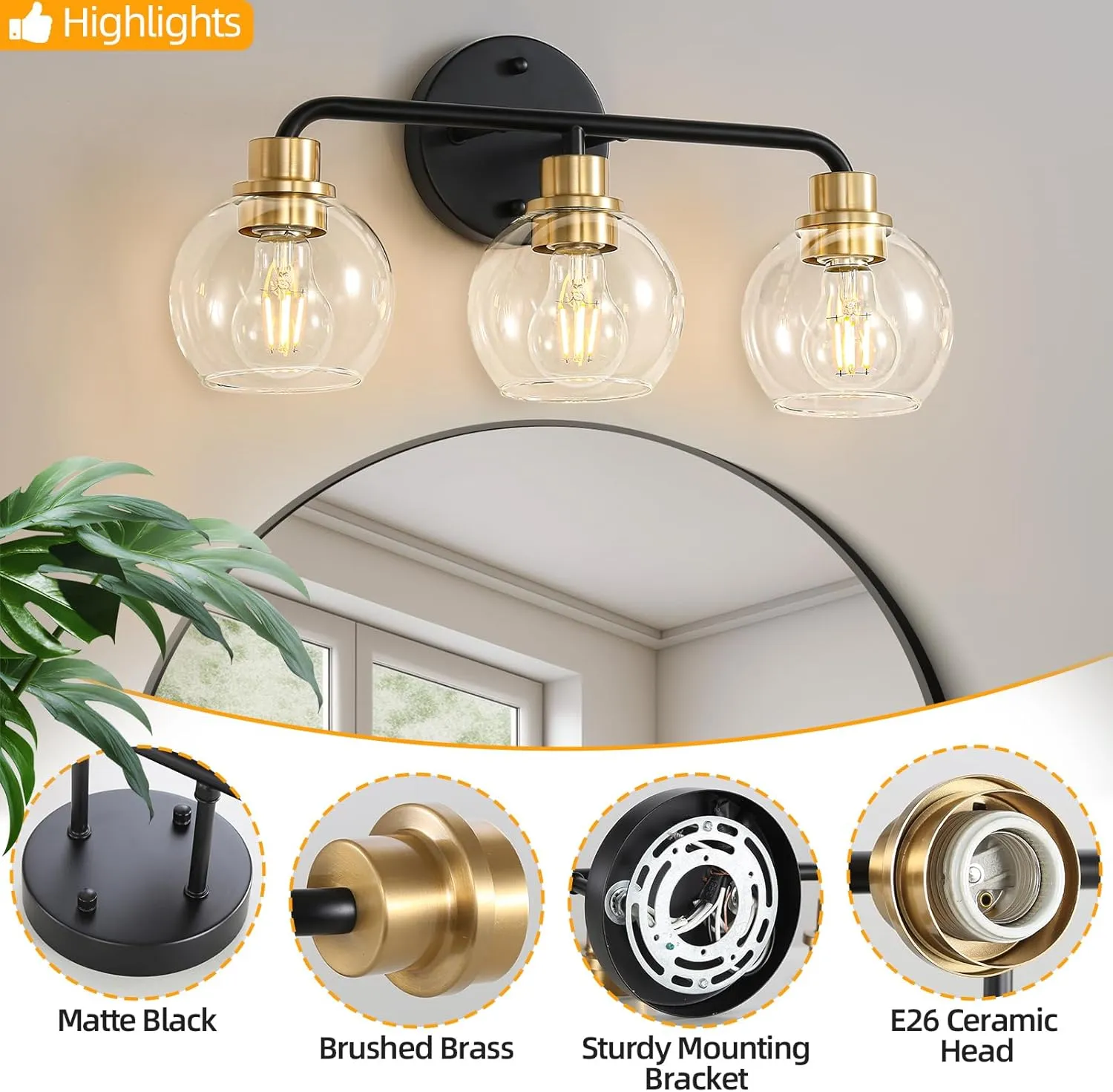 3 Light Bathroom Vanity Light, Black and Gold Bathroom Light Fixtures with Clear Glass Shade Modern Wall Sconces Lighting Bath Wall Lights Lamp for Mirror Kitchen Living Room Bedroom Hallway Cabinet