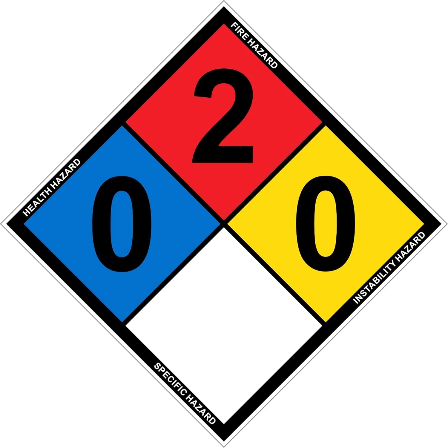 (3 Pack) Outdoor/Indoor NFPA 704 - Ratings (0,2,0) Adhesive Vinyl Sticker Label - 14" tall diamond (point to point) Black, Blue, Red, Yellow on White Glossy Vinyl