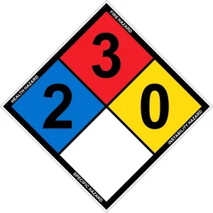 (3 Pack) Outdoor/Indoor NFPA 704 - Ratings (2,3,0) Adhesive Vinyl Sticker Label - 14" Tall Diamond (Point to Point) Black, Blue, Red, Yellow on White Glossy Vinyl