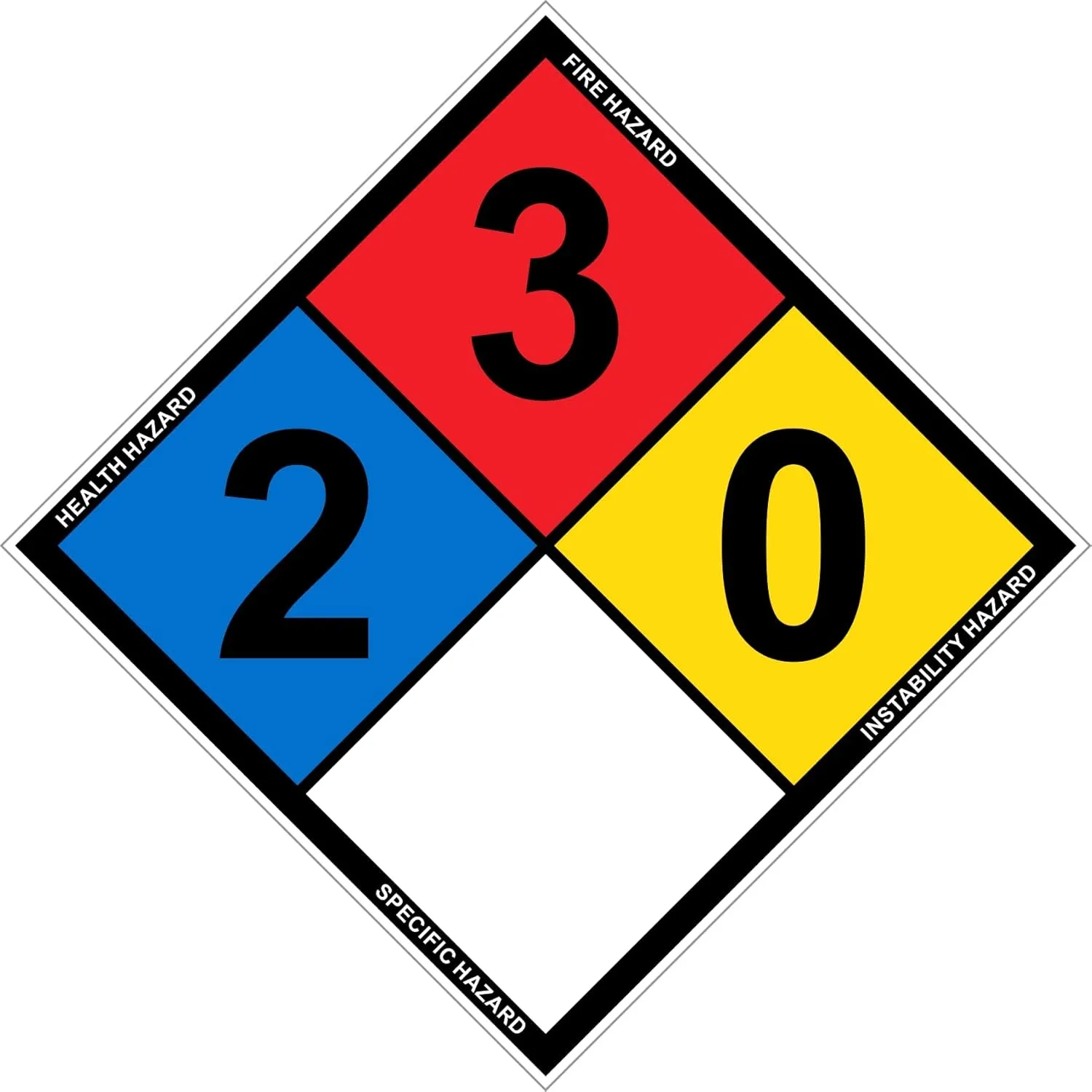 (3 Pack) Outdoor/Indoor NFPA 704 - Ratings (2,3,0) Adhesive Vinyl Sticker Label - 14" Tall Diamond (Point to Point) Black, Blue, Red, Yellow on White Glossy Vinyl