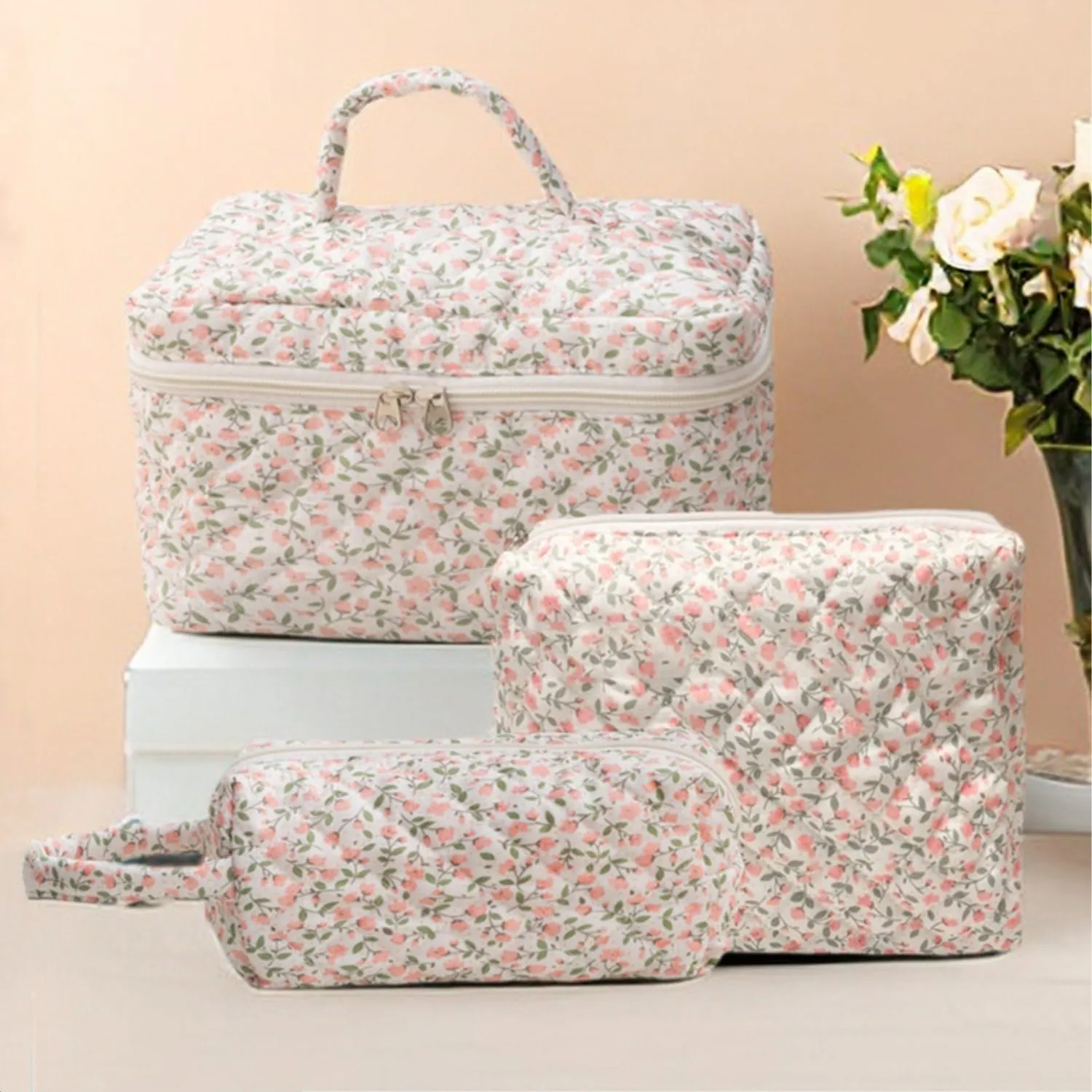 3 Pcs Cotton Quilted Makeup Bag Set, Floral Cute Travel Toiletry Cosmetic Bag Organizer for Women Girls (E)