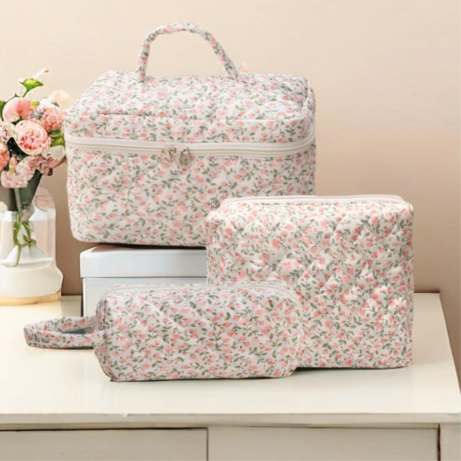 3 Pcs Cotton Quilted Makeup Bag Set, Floral Cute Travel Toiletry Cosmetic Bag Organizer for Women Girls (E)