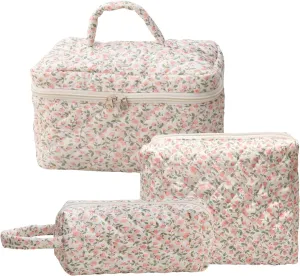 3 Pcs Cotton Quilted Makeup Bag Set, Floral Cute Travel Toiletry Cosmetic Bag Organizer for Women Girls (E)
