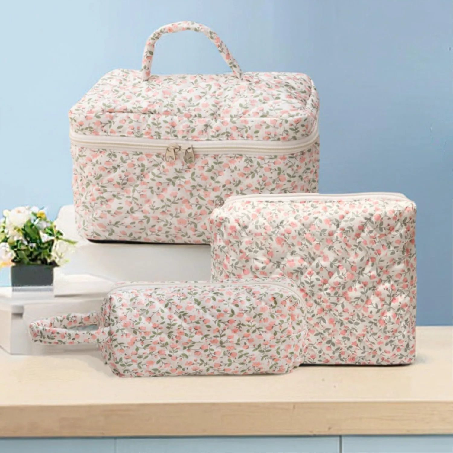 3 Pcs Cotton Quilted Makeup Bag Set, Floral Cute Travel Toiletry Cosmetic Bag Organizer for Women Girls (E)
