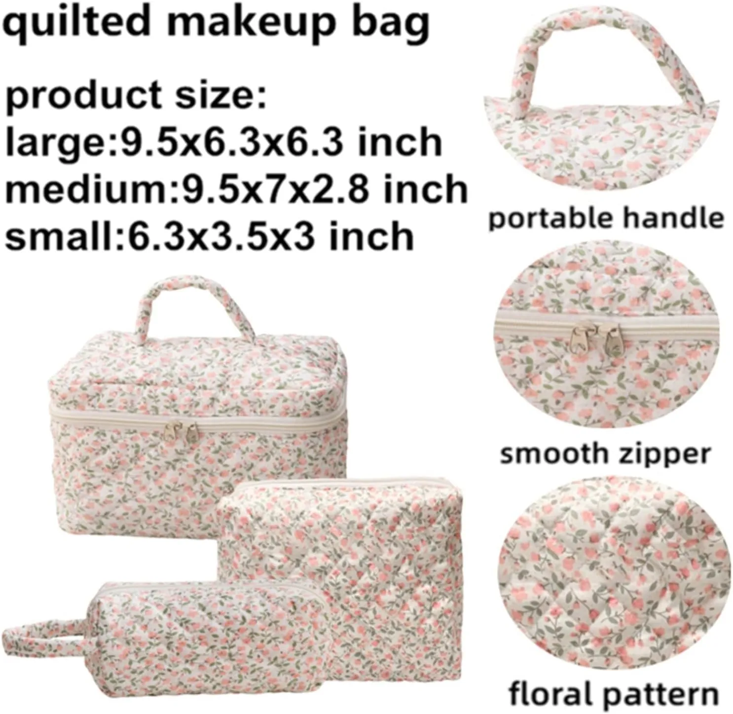 3 Pcs Cotton Quilted Makeup Bag Set, Floral Cute Travel Toiletry Cosmetic Bag Organizer for Women Girls (E)