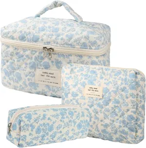 3 Pcs Cotton Quilted Makeup Bag Set, Floral Cute Travel Toiletry Cosmetic Bag Organizer for Women Girls