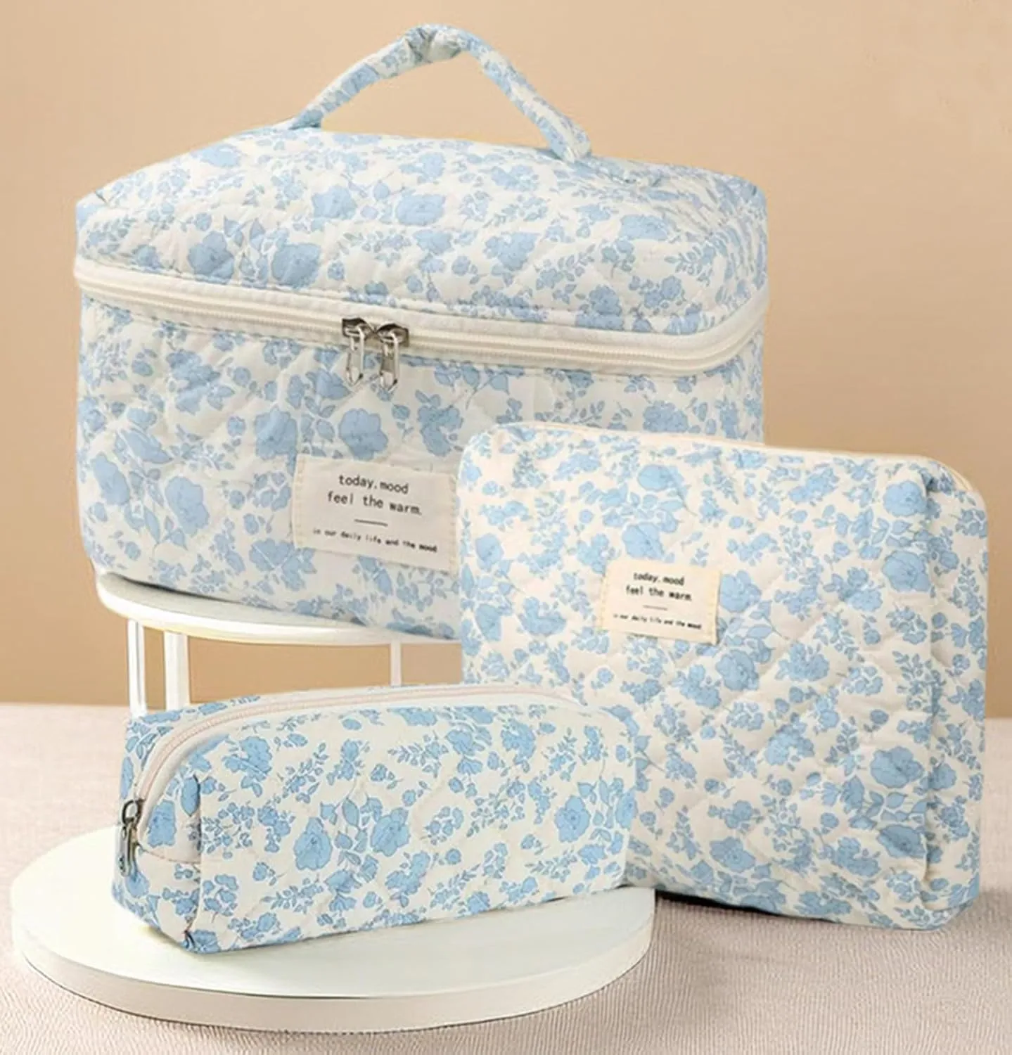 3 Pcs Cotton Quilted Makeup Bag Set, Floral Cute Travel Toiletry Cosmetic Bag Organizer for Women Girls