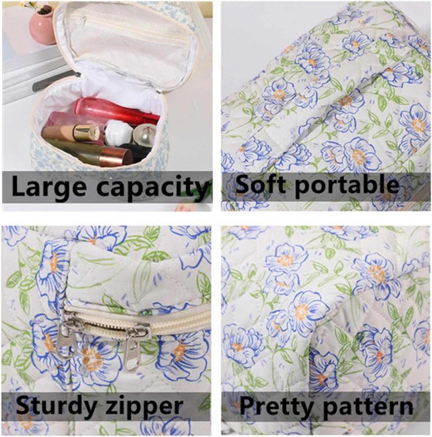 3 Pcs Cotton Quilted Makeup Bag Set, Floral Cute Travel Toiletry Cosmetic Bag Organizer for Women Girls