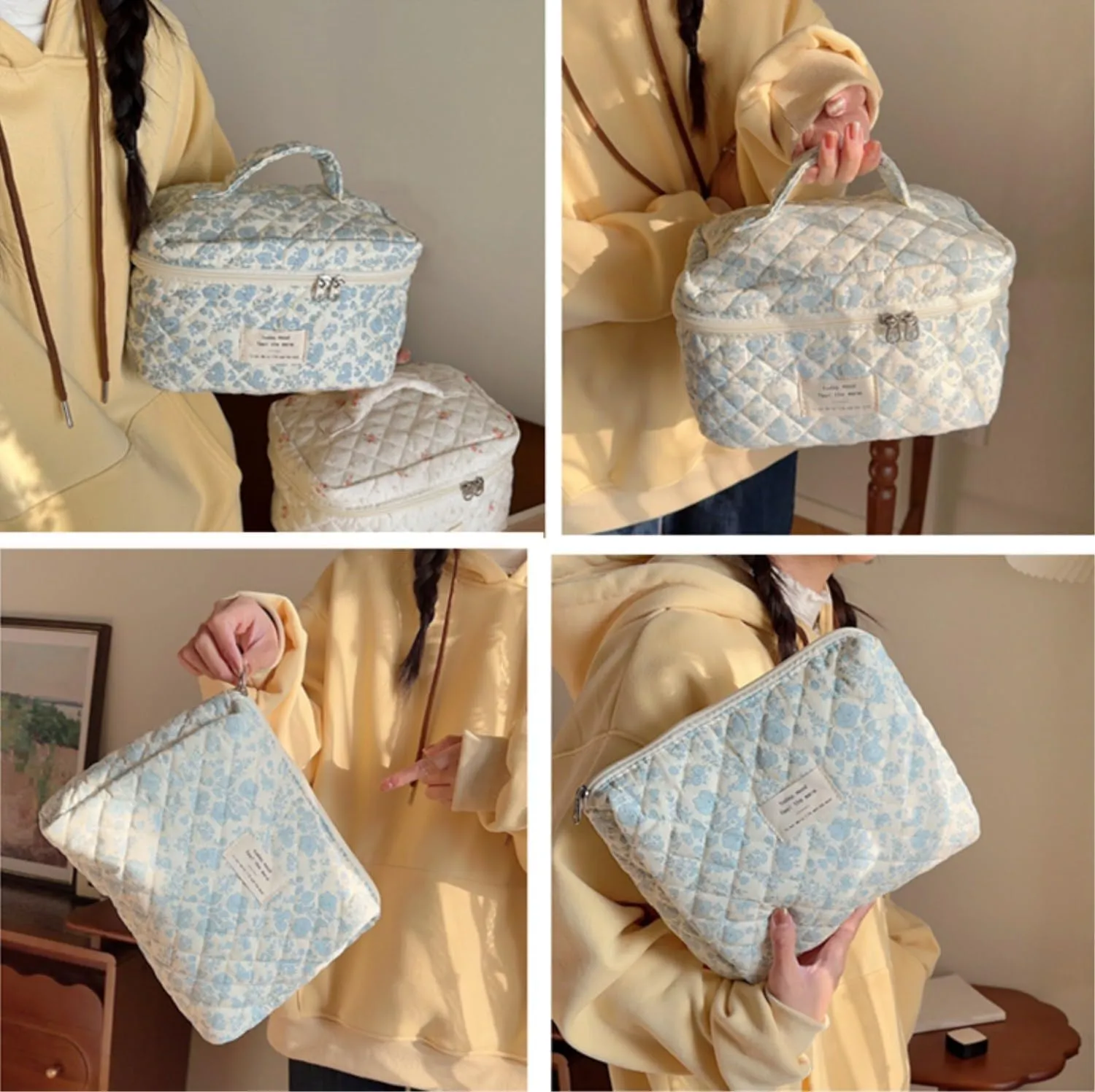 3 Pcs Cotton Quilted Makeup Bag Set, Floral Cute Travel Toiletry Cosmetic Bag Organizer for Women Girls