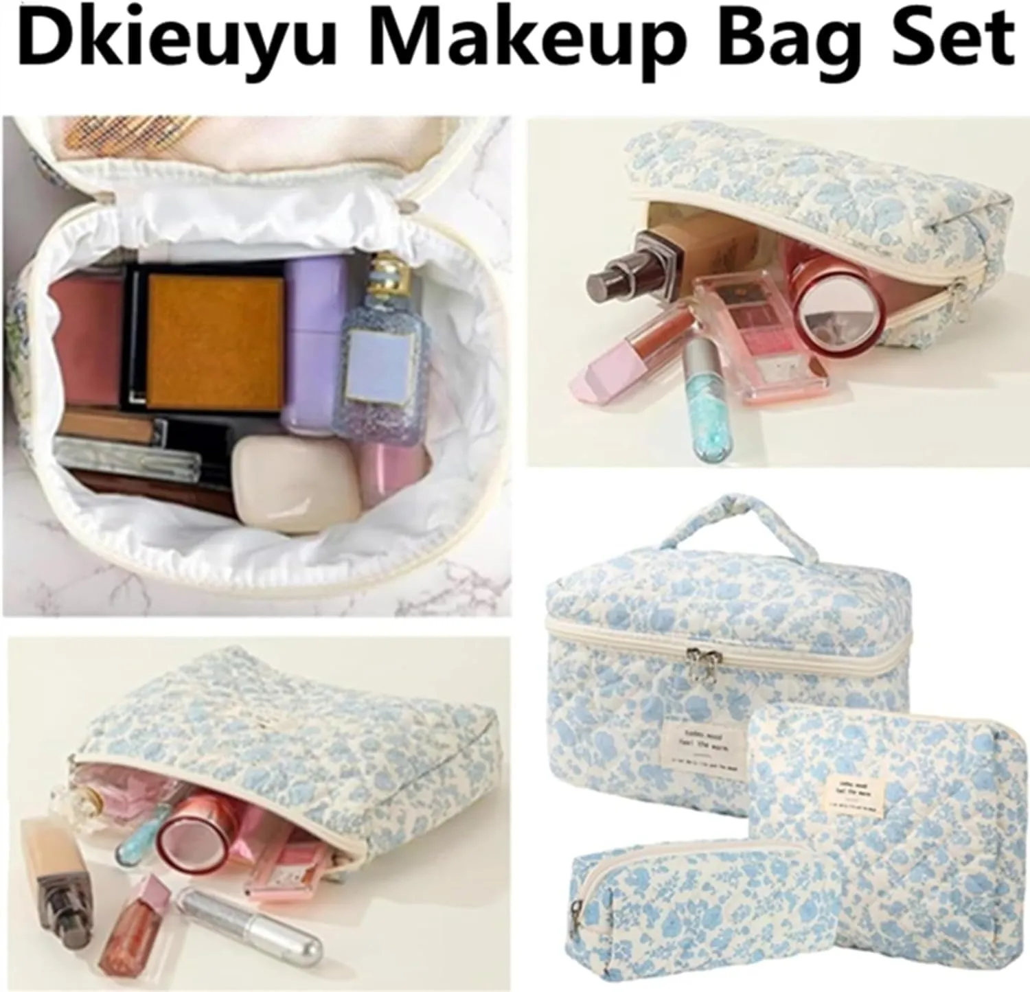 3 Pcs Cotton Quilted Makeup Bag Set, Floral Cute Travel Toiletry Cosmetic Bag Organizer for Women Girls