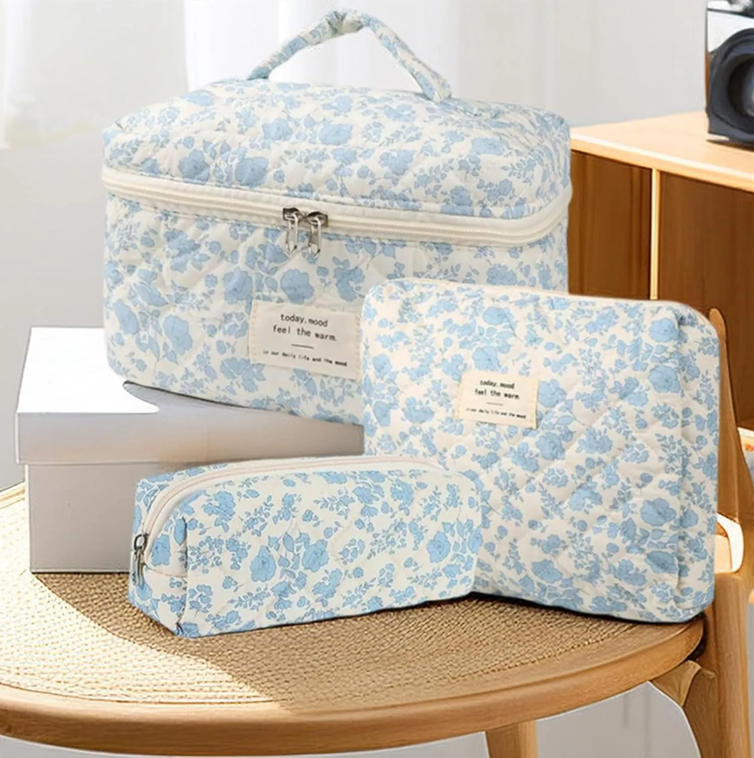 3 Pcs Cotton Quilted Makeup Bag Set, Floral Cute Travel Toiletry Cosmetic Bag Organizer for Women Girls