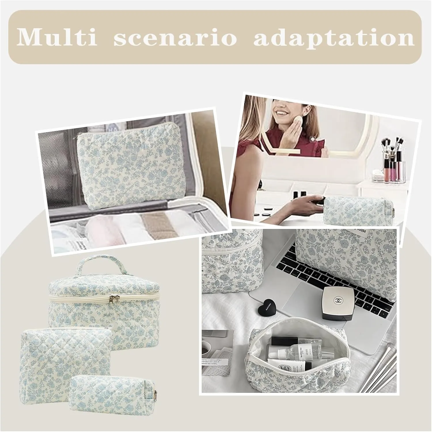 3 PCS Large Quilted Floral Makeup Bag Set - Travel Toiletry Organizer For Women & Girls